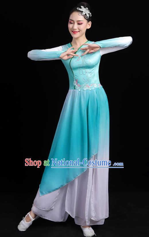 China Umbrella Dance Blue Dress Outfits Classical Dance Clothing Fan Dance Costume