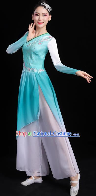 China Umbrella Dance Blue Dress Outfits Classical Dance Clothing Fan Dance Costume