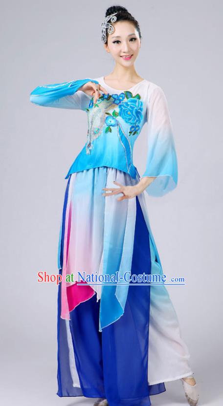 China Fan Dance Costume Umbrella Dance Blue Outfits Classical Dance Clothing