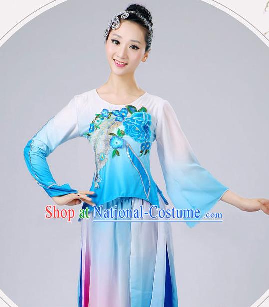 China Fan Dance Costume Umbrella Dance Blue Outfits Classical Dance Clothing