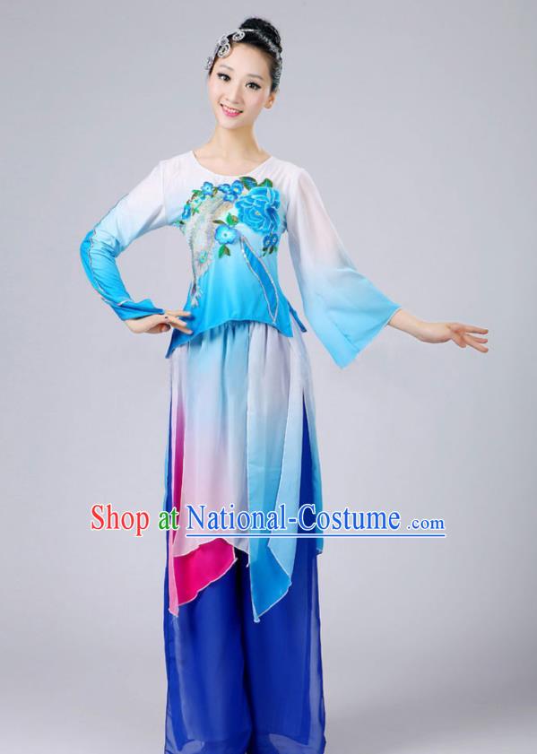 China Fan Dance Costume Umbrella Dance Blue Outfits Classical Dance Clothing