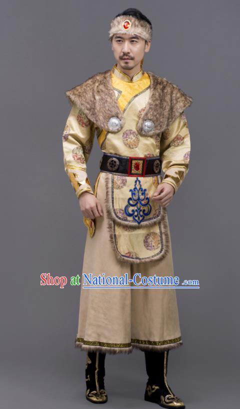 Chinese Ethnic Festival Clothing Mongol Minority Folk Dance Costume Mongolian Nationality Embroidered Yellow Suit