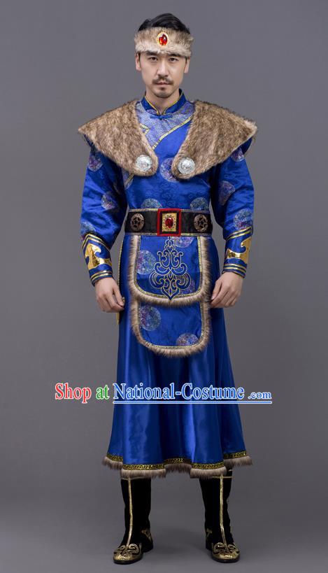 Chinese Mongolian Nationality Embroidered Royal Blue Suit Ethnic Festival Clothing Mongol Minority Folk Dance Costume