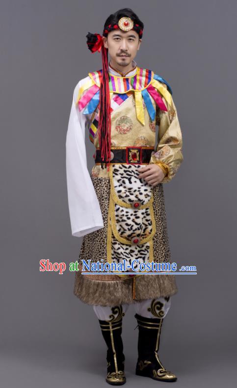 Chinese Ethnic Male Festival Clothing Tibetan Minority Folk Dance Costume Zang Nationality Yellow Outfit