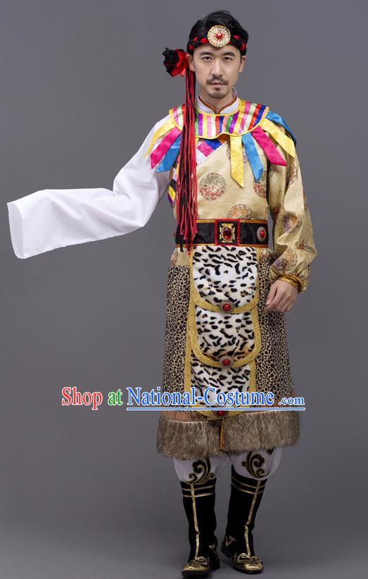 Chinese Ethnic Male Festival Clothing Tibetan Minority Folk Dance Costume Zang Nationality Yellow Outfit