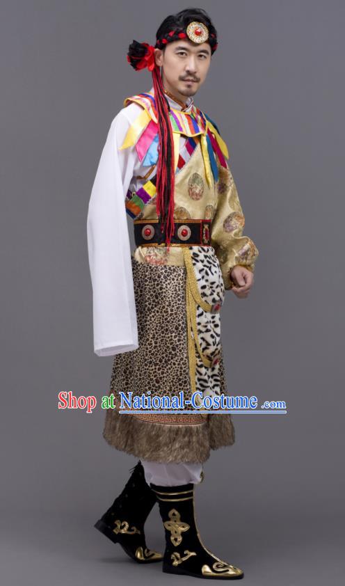 Chinese Ethnic Male Festival Clothing Tibetan Minority Folk Dance Costume Zang Nationality Yellow Outfit