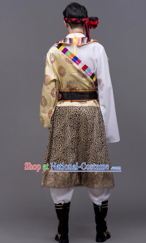 Chinese Ethnic Male Festival Clothing Tibetan Minority Folk Dance Costume Zang Nationality Yellow Outfit