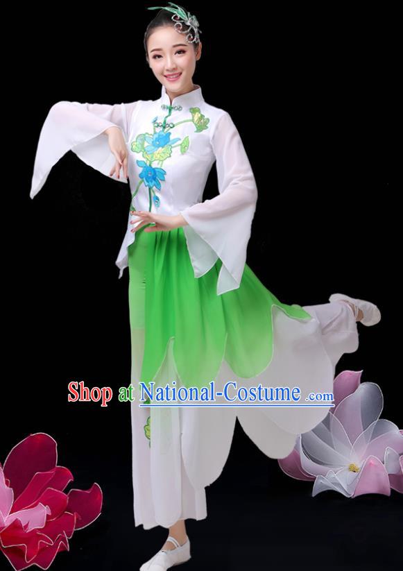 China Umbrella Dance Green Dress Outfits Classical Dance Clothing Jasmine Flower Dance Costume