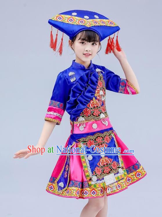 China Zhuang Nationality Royal Blue Dress Guangxi Ethnic Festival Clothing Minority Children Folk Dance Costume