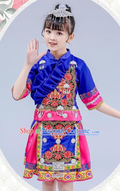 China Zhuang Nationality Royal Blue Dress Guangxi Ethnic Festival Clothing Minority Children Folk Dance Costume