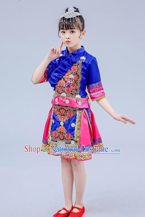 China Zhuang Nationality Royal Blue Dress Guangxi Ethnic Festival Clothing Minority Children Folk Dance Costume