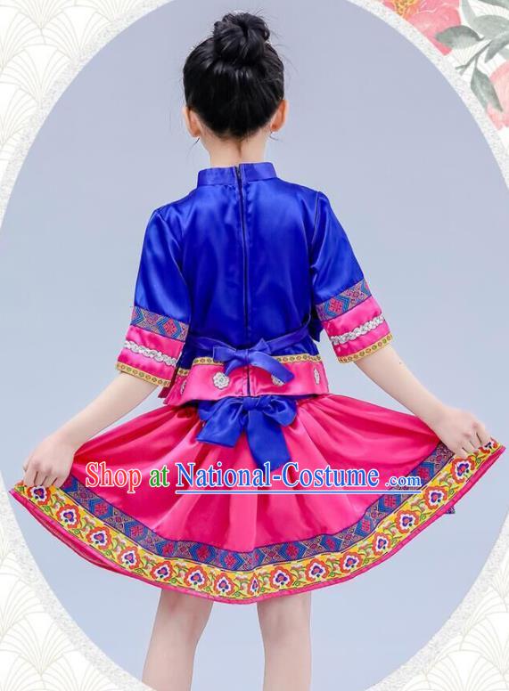 China Zhuang Nationality Royal Blue Dress Guangxi Ethnic Festival Clothing Minority Children Folk Dance Costume