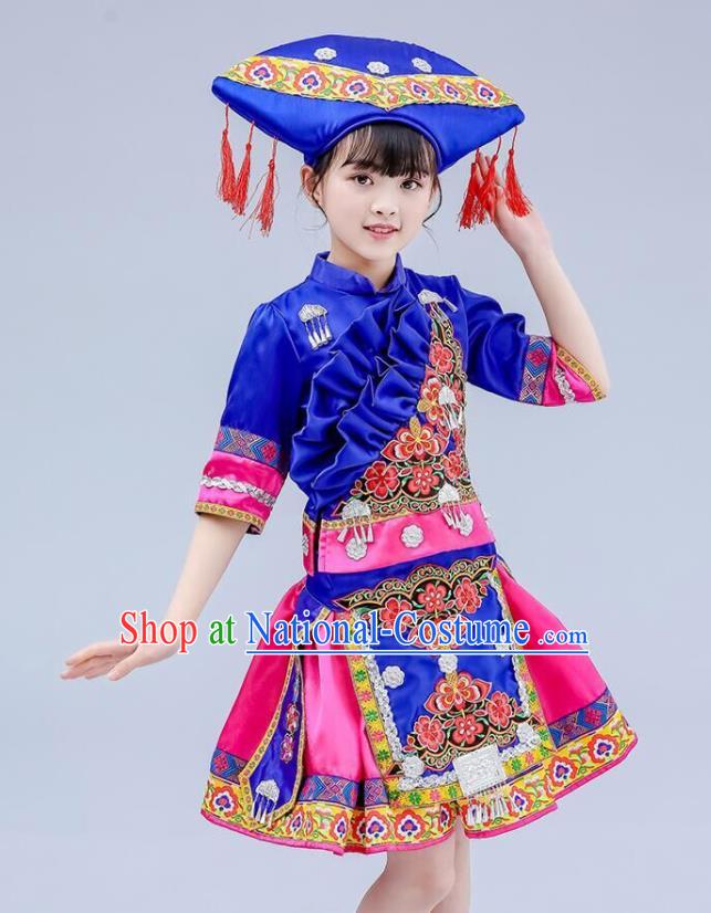 China Zhuang Nationality Royal Blue Dress Guangxi Ethnic Festival Clothing Minority Children Folk Dance Costume