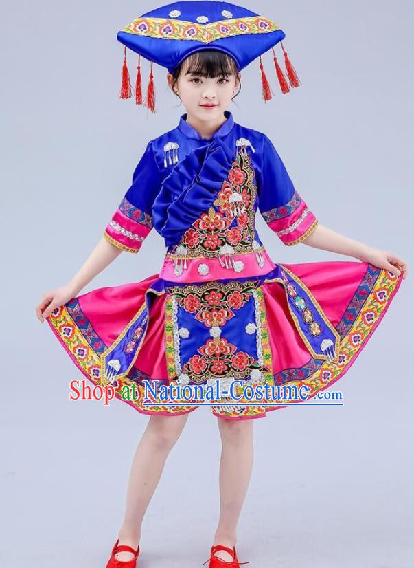 China Zhuang Nationality Royal Blue Dress Guangxi Ethnic Festival Clothing Minority Children Folk Dance Costume