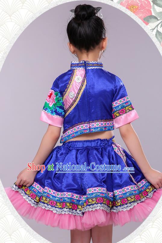 China Yi Minority Children Folk Dance Costume Yao Nationality Royal Blue Dress Ethnic Festival Clothing