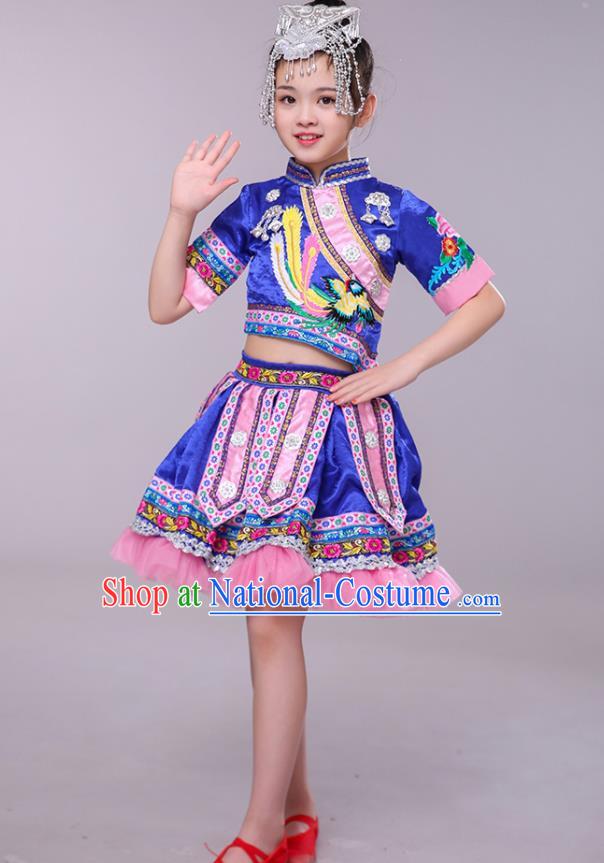 China Yi Minority Children Folk Dance Costume Yao Nationality Royal Blue Dress Ethnic Festival Clothing