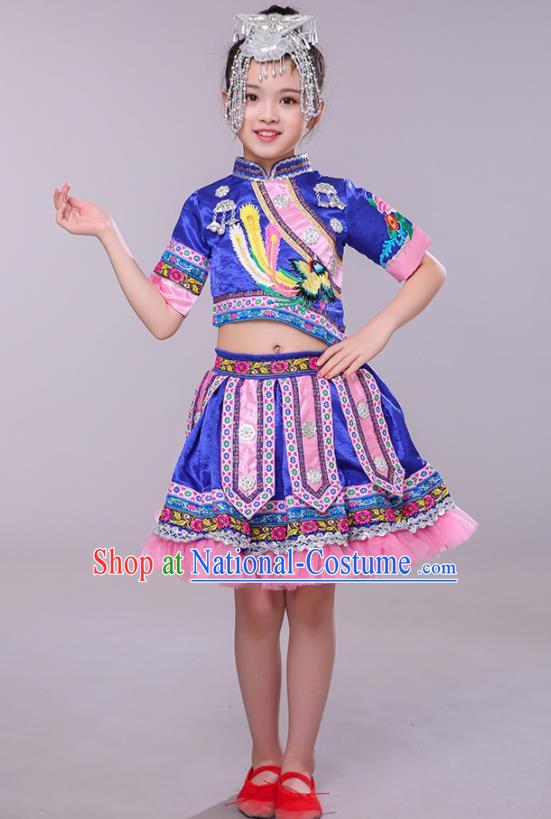 China Yi Minority Children Folk Dance Costume Yao Nationality Royal Blue Dress Ethnic Festival Clothing