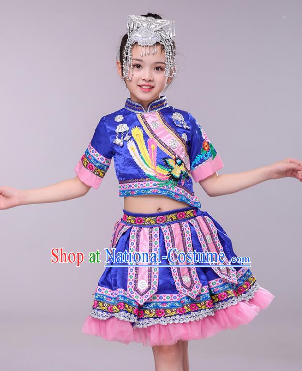 China Yi Minority Children Folk Dance Costume Yao Nationality Royal Blue Dress Ethnic Festival Clothing