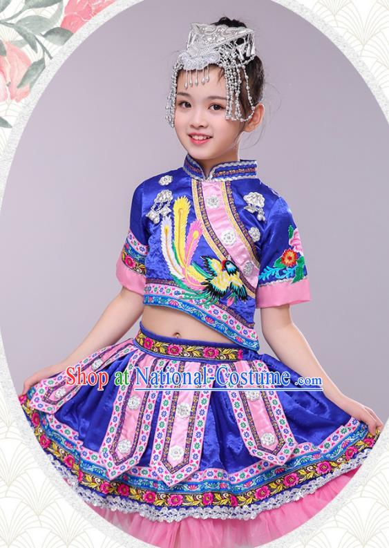 China Yi Minority Children Folk Dance Costume Yao Nationality Royal Blue Dress Ethnic Festival Clothing