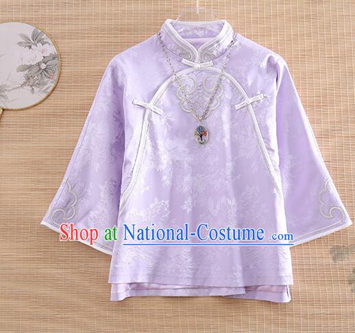 Chinese Embroidered Qipao Upper Outer Garment Traditional Cheongsam Blouse Light Purple Long Sleeves Shirt