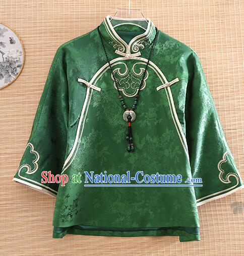 Chinese Deep Green Long Sleeves Shirt Traditional Cheongsam Blouse Embroidered Qipao Upper Outer Garment