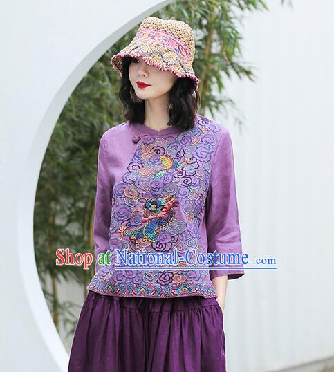 Chinese Traditional Cheongsam Blouse Qipao Upper Outer Garment Embroidered Purple Flax Shirt