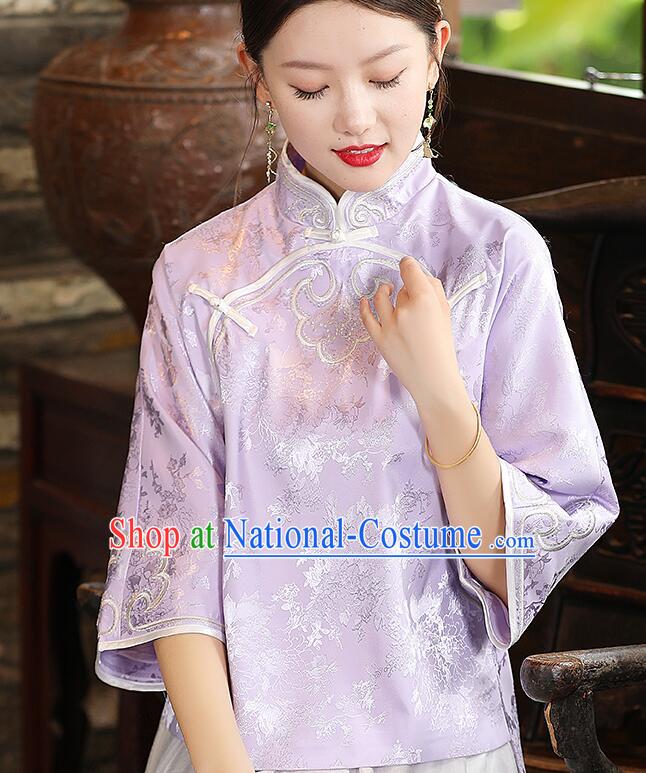 Chinese Jacquard Light Purple Shirt Traditional Cheongsam Blouse Qipao Upper Outer Garment