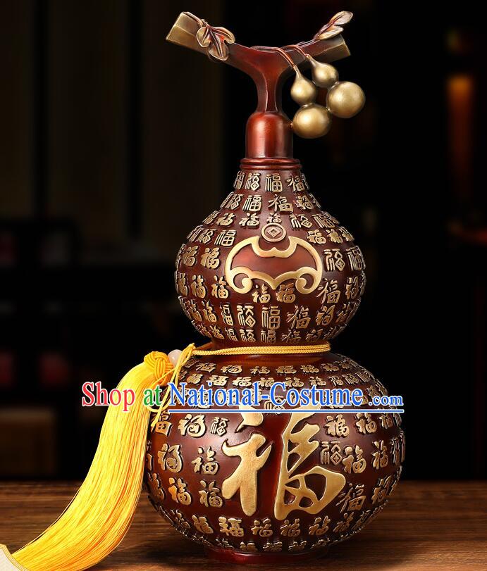 Chinese Brass Craft Lucky Wine Flagon Copper Water Bottle Handmade Carving Gourd Bottle