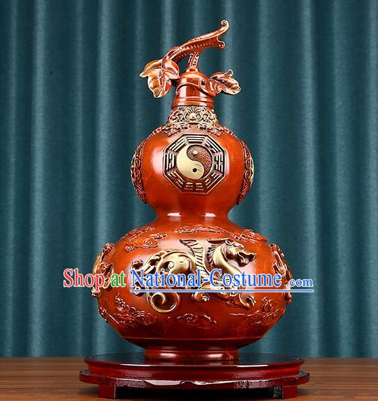 Chinese Lucky Copper Wine Flagon Eight Diagrams Bottle Brass Carving Craft Handmade Feng Shui Gourd Bottle