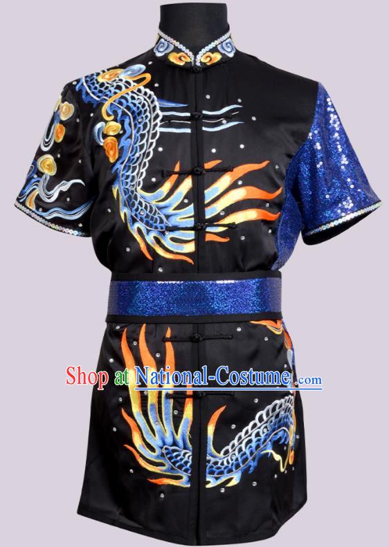 Best Kung Fu Costumes Traditional Competition Clothing Embroidered Dragon Black Outfit Martial Arts Changquan Uniforms