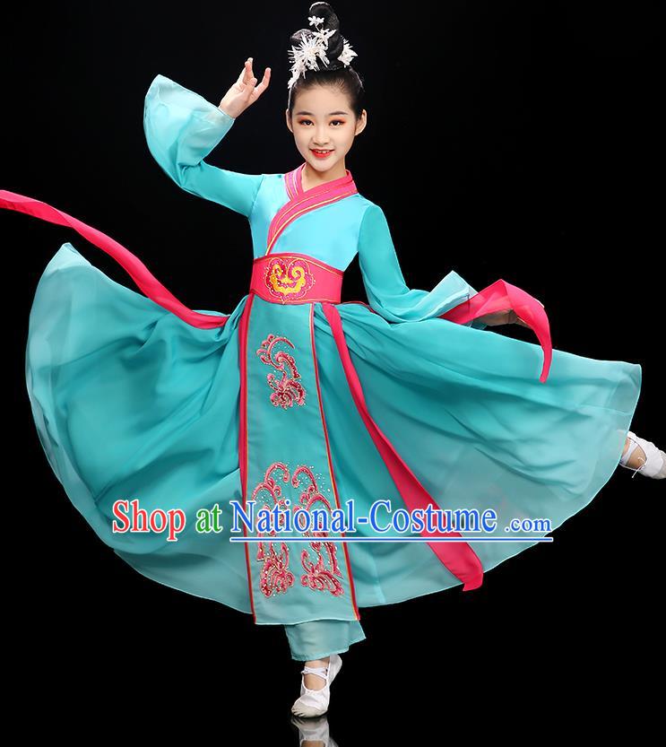 Chinese Children Hanfu Dance Clothing Classical Dance Garment Costume Umbrella Dance Blue Dress Stage Performance Dancewear