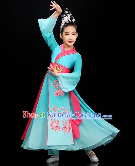 Chinese Children Hanfu Dance Clothing Classical Dance Garment Costume Umbrella Dance Blue Dress Stage Performance Dancewear