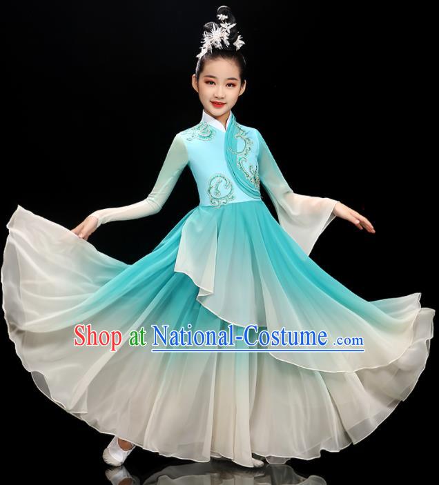 Chinese Stage Performance Dancewear Children Fan Dance Clothing Classical Dance Garment Costume Umbrella Dance Blue Dress