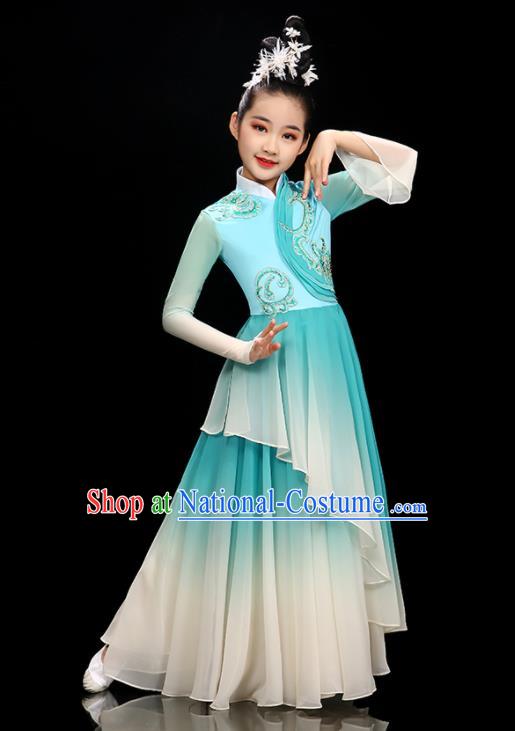 Chinese Stage Performance Dancewear Children Fan Dance Clothing Classical Dance Garment Costume Umbrella Dance Blue Dress