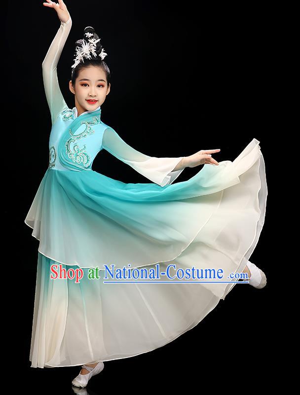 Chinese Stage Performance Dancewear Children Fan Dance Clothing Classical Dance Garment Costume Umbrella Dance Blue Dress