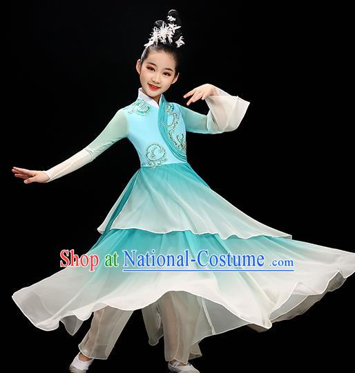 Chinese Stage Performance Dancewear Children Fan Dance Clothing Classical Dance Garment Costume Umbrella Dance Blue Dress