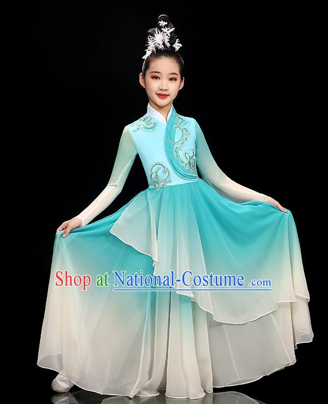 Chinese Stage Performance Dancewear Children Fan Dance Clothing Classical Dance Garment Costume Umbrella Dance Blue Dress