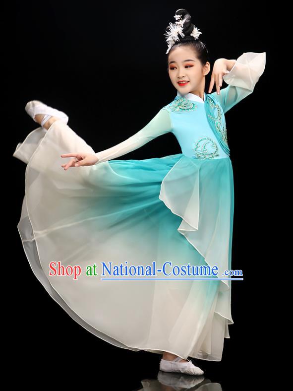 Chinese Stage Performance Dancewear Children Fan Dance Clothing Classical Dance Garment Costume Umbrella Dance Blue Dress