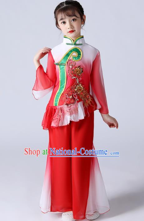 Chinese Children Fan Dance Clothing Folk Dance Garment Costume Yangko Dance Red Uniform Stage Performance Dancewear