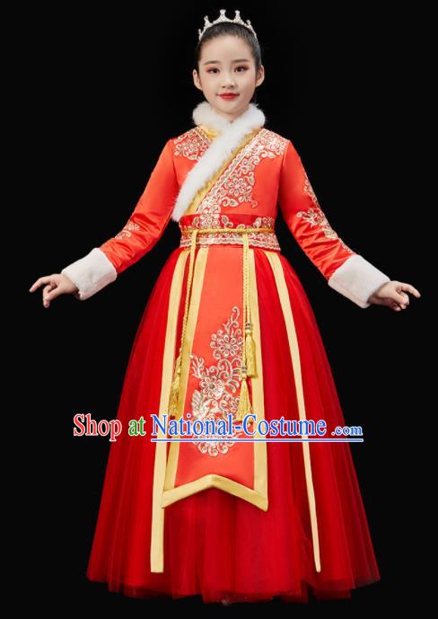 Chinese New Year Garment Costume Ancient Princess Clothes Traditional Stage Performance Clothing Children Fan Dance Red Dress