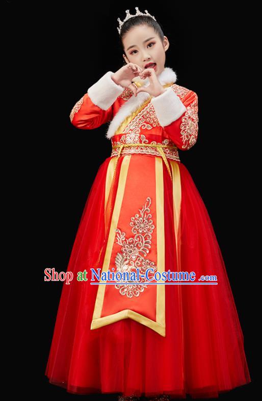 Chinese New Year Garment Costume Ancient Princess Clothes Traditional Stage Performance Clothing Children Fan Dance Red Dress