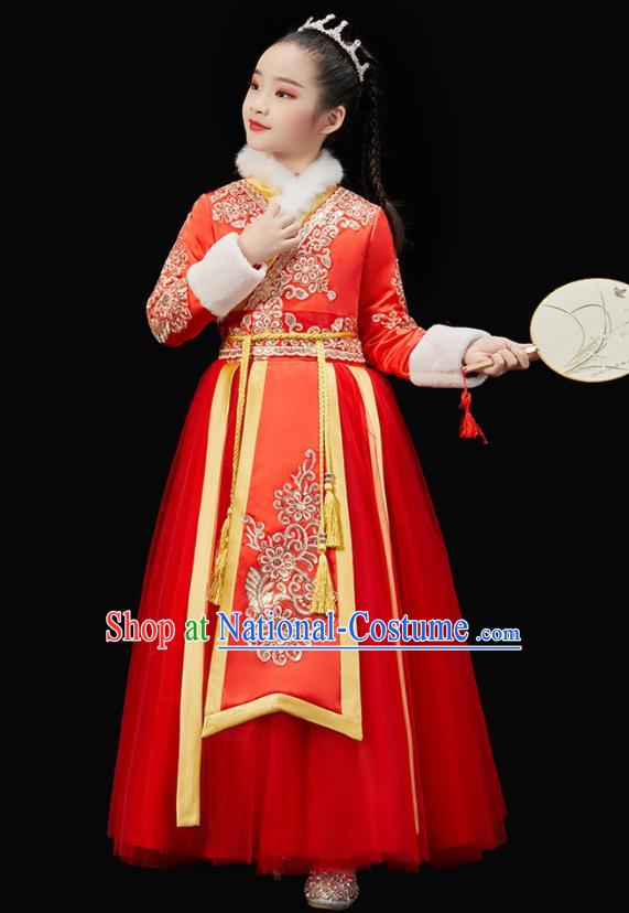 Chinese New Year Garment Costume Ancient Princess Clothes Traditional Stage Performance Clothing Children Fan Dance Red Dress