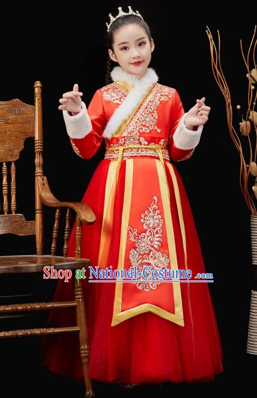 Chinese New Year Garment Costume Ancient Princess Clothes Traditional Stage Performance Clothing Children Fan Dance Red Dress