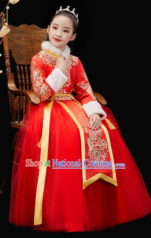 Chinese New Year Garment Costume Ancient Princess Clothes Traditional Stage Performance Clothing Children Fan Dance Red Dress