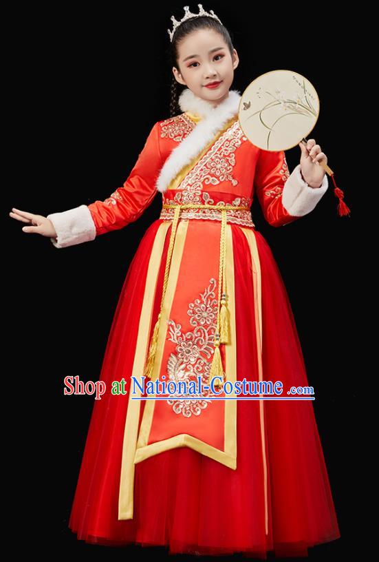 Chinese New Year Garment Costume Ancient Princess Clothes Traditional Stage Performance Clothing Children Fan Dance Red Dress