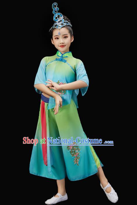 Chinese Children Fan Dance Green Uniform New Year Performance Garment Costume Folk Dance Clothes Traditional Yangko Dance Clothing