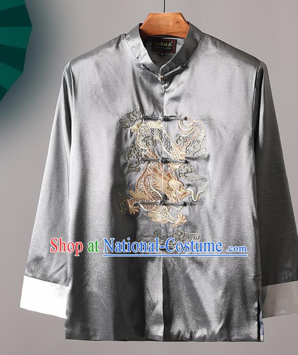 Chinese Traditional Jacket Grey Stand Collar Outer Garment Embroidered Dragon Coat