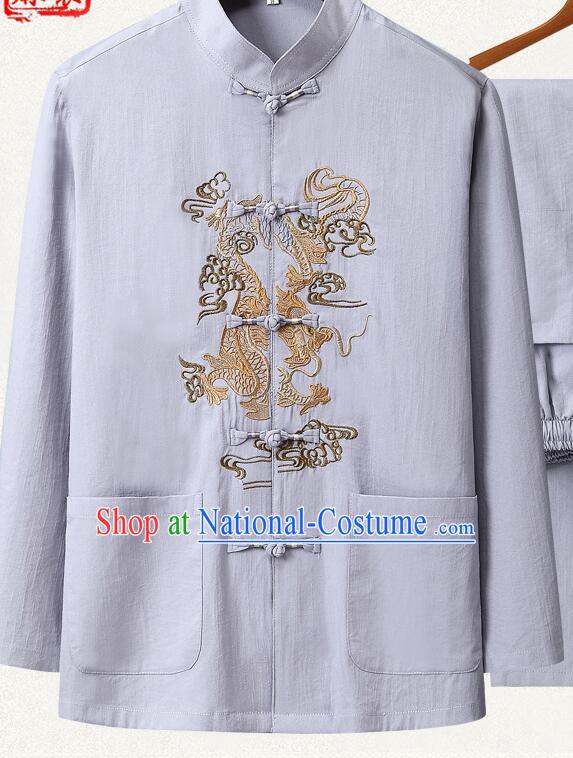 Chinese Embroidered Dragon Shirt Traditional Grey Linen Upper Outer Garment