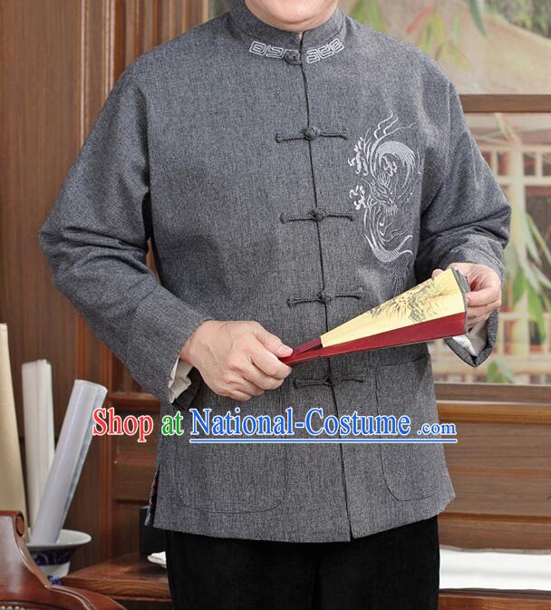 Chinese Embroidered Dragon Outer Garment Traditional Grey Woolen Jacket