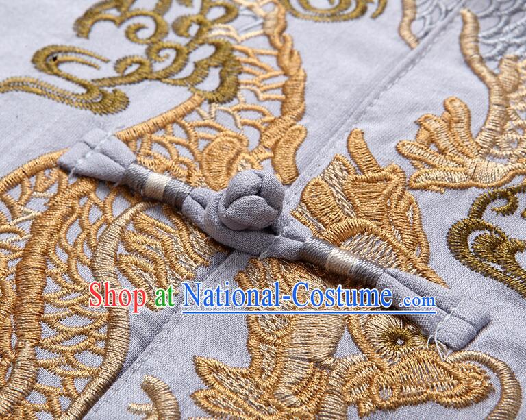 Chinese Embroidered Dragon Shirt Traditional Grey Linen Upper Outer Garment